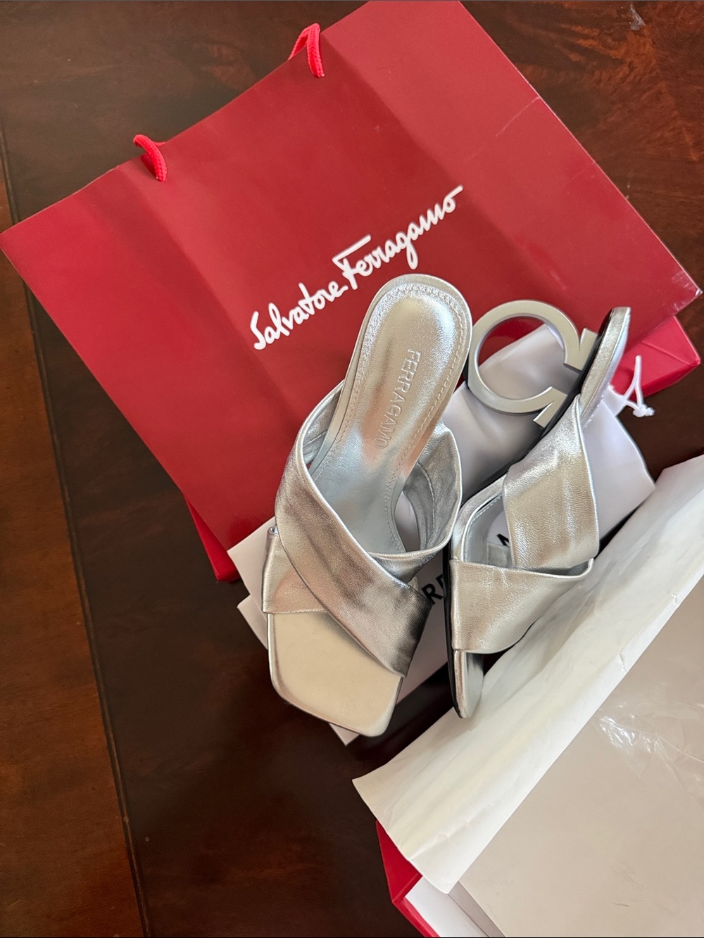 Ferragamo Silver Metallic Circular-Heel Slide Sandals - Picture 14 of 16